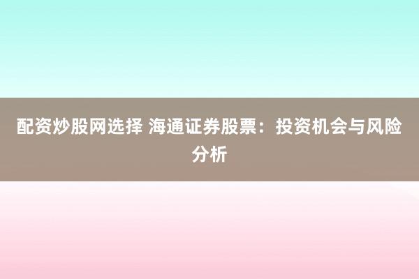 配资炒股网选择 海通证券股票：投资机会与风险分析