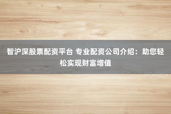 智沪深股票配资平台 专业配资公司介绍：助您轻松实现财富增值